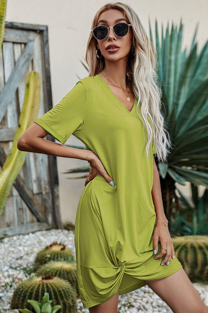 Twisted V-Neck T-Shirt Dress - Eclectage