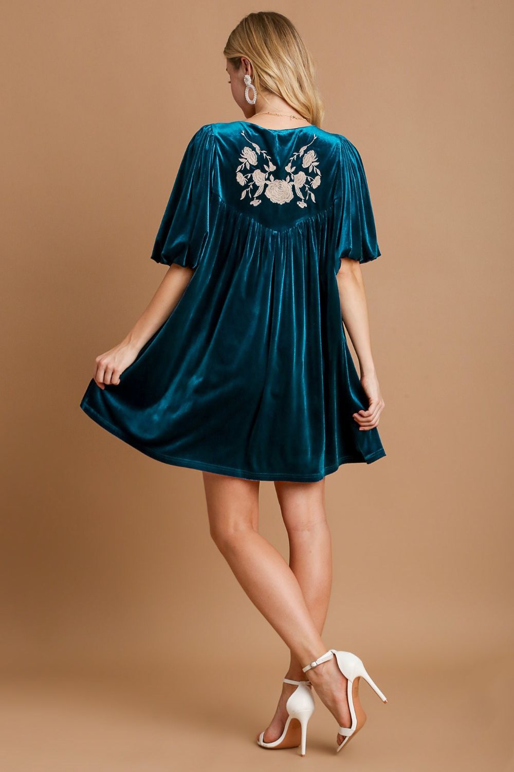 Embroidered Half Sleeve Velvet Mini Dress