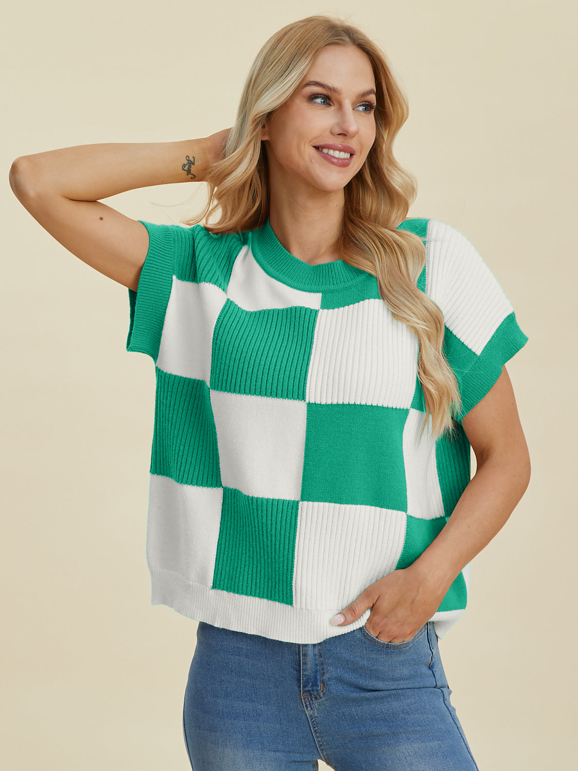 Double Take Full Size Checkered Round Neck Short Sleeve Sweater - Eclectage