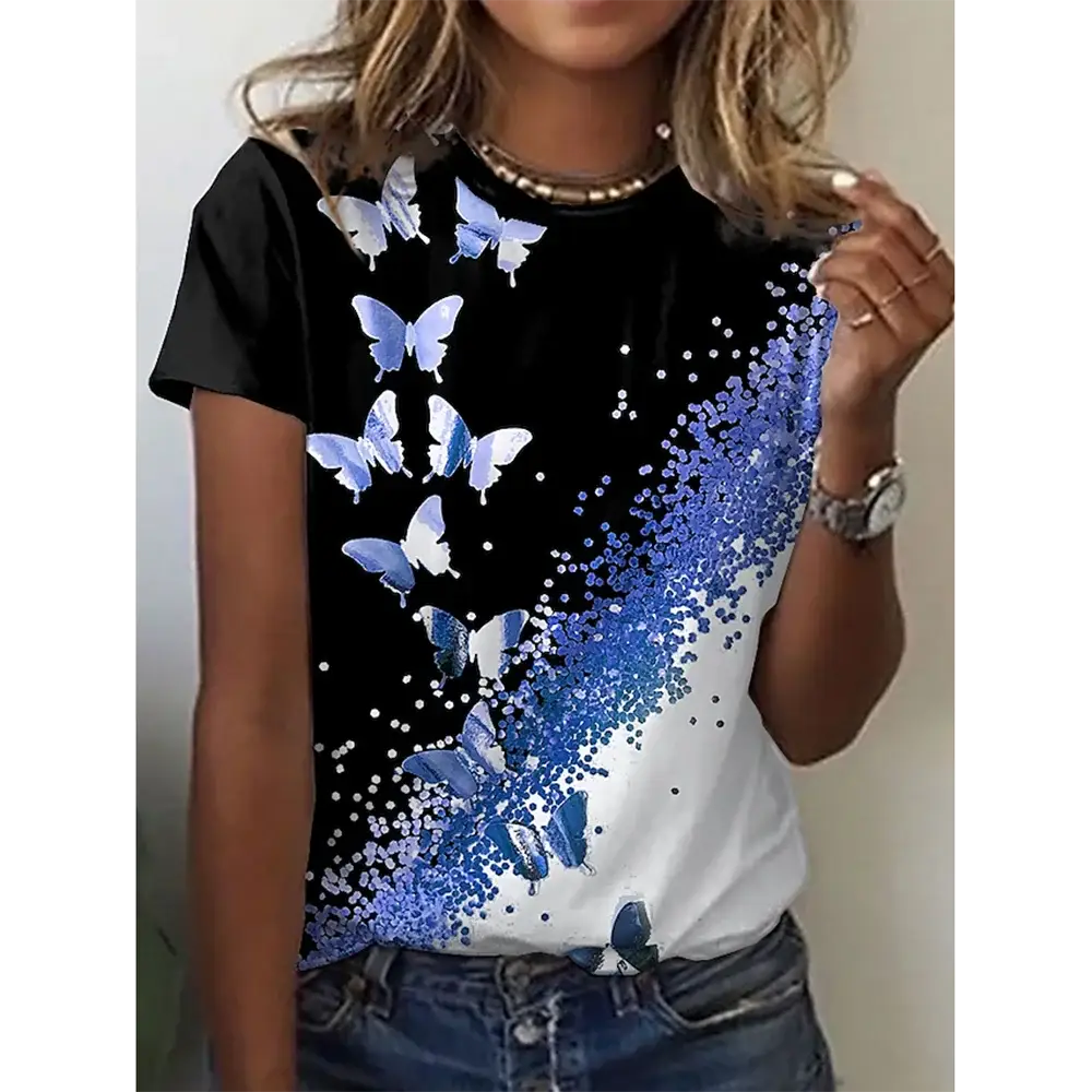 2024 New O-Neck 3d Butterfly Print T Shirt Women’s T-shirt Summer Fashion Short Sleeve Tops Oversized Summer Top