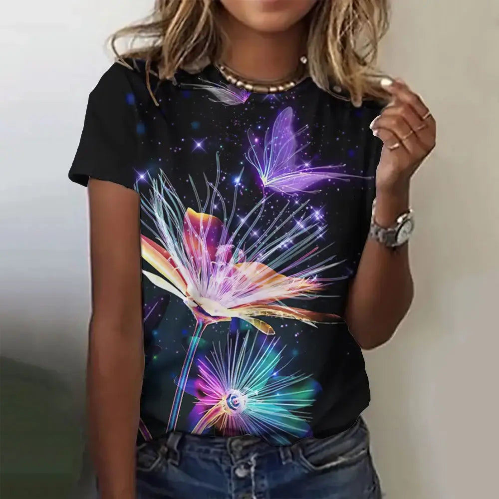 2024 New O-Neck 3d Butterfly Print T Shirt Women’s T-shirt Summer Fashion Short Sleeve Tops Oversized Summer Top