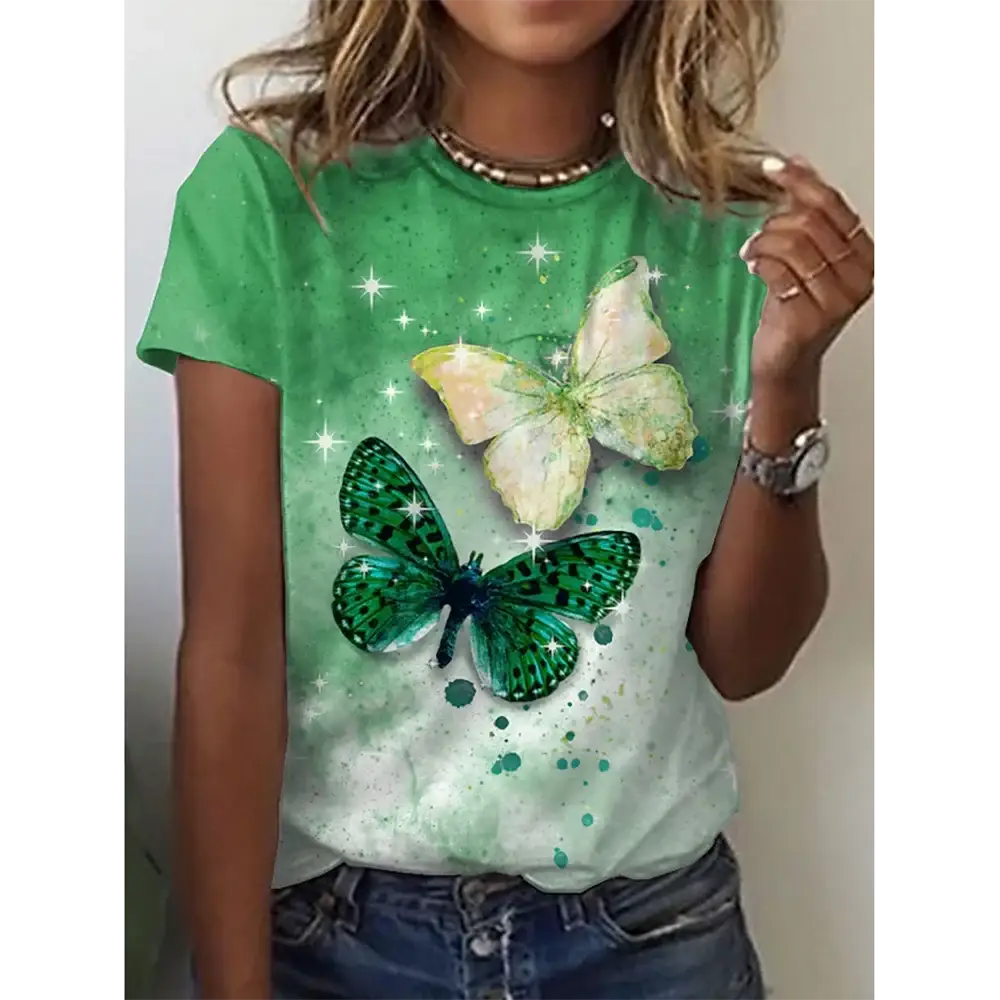 2024 New O-Neck 3d Butterfly Print T Shirt Women’s T-shirt Summer Fashion Short Sleeve Tops Oversized Summer Top