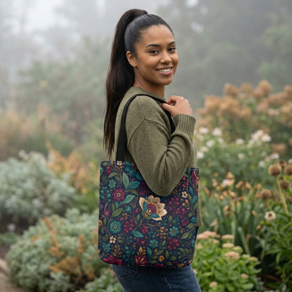 Dark Boho Floral Jewel Tone Tote Bag