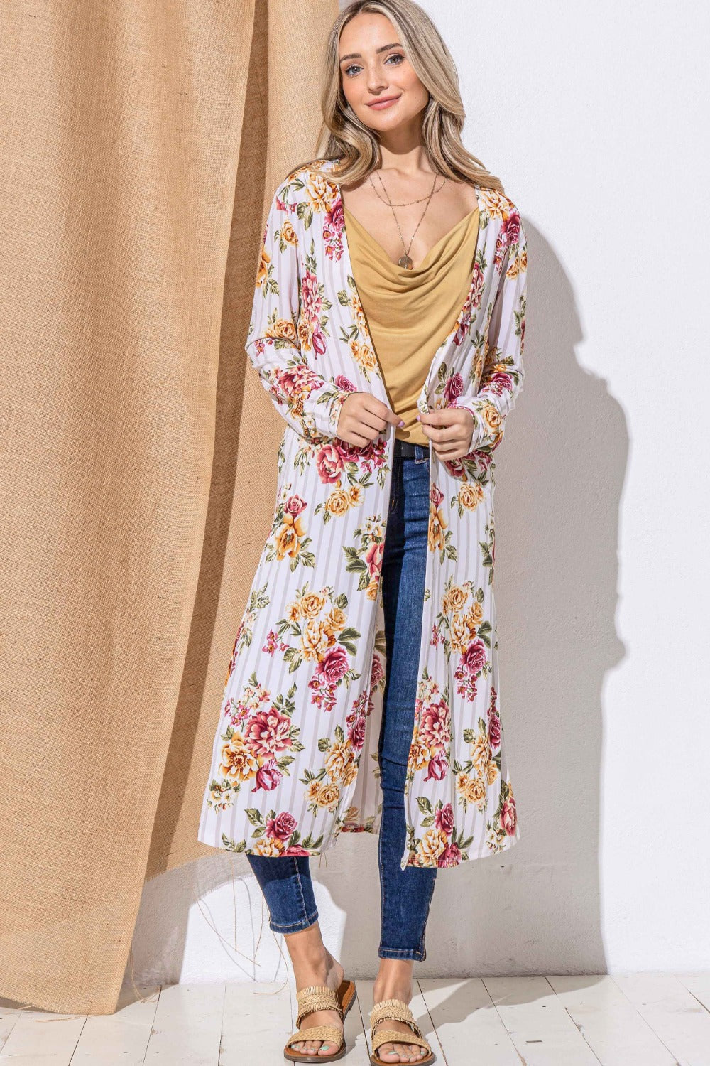 Floral Kimono Open Front Longline Cardigan - Eclectage