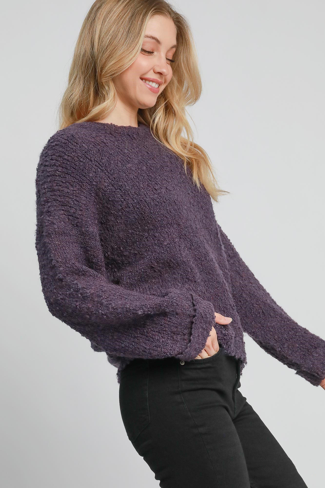 Umgee Full Size Round Neck Long Sleeve Boucle Sweater Plus Size - Eclectage