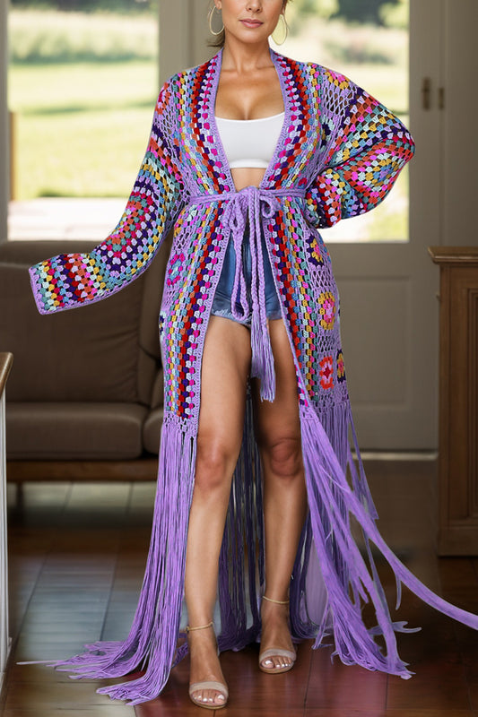 Fringe Tied Long Sleeve Cardigan - Eclectage