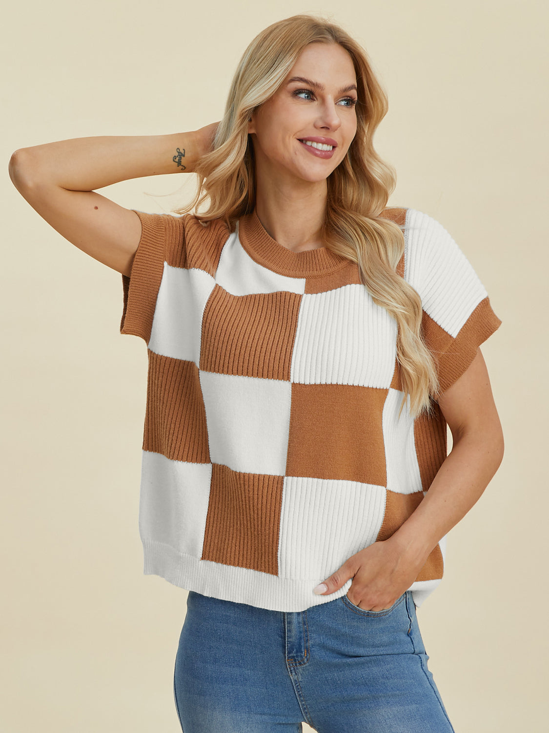 Double Take Full Size Checkered Round Neck Short Sleeve Sweater - Eclectage