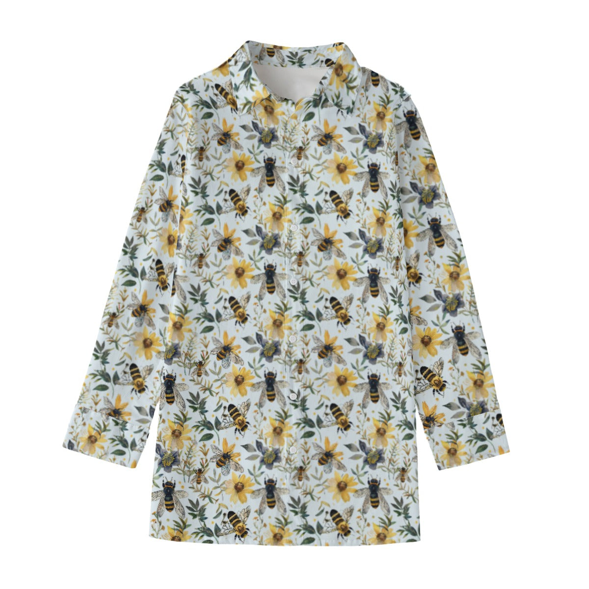 Bees and Flowers cotton poplin button down long sleeve shirt shown on a white background