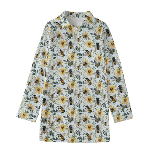 Bees and Flowers cotton poplin button down long sleeve shirt shown on a white background