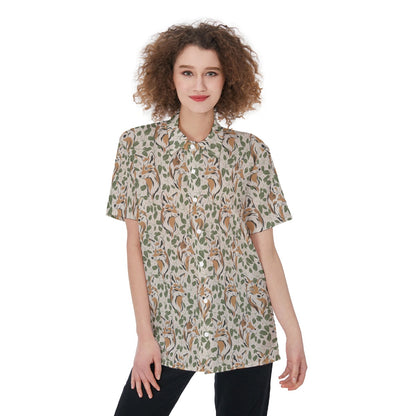 Fox and Foliage Short Sleeve Button Down Shirt