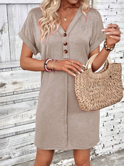 Quarter Button V-Neck Short Sleeve Dress - Eclectage