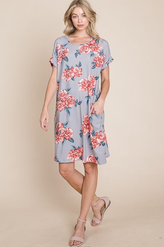 Gray Floral Short Tee Dress - Eclectage