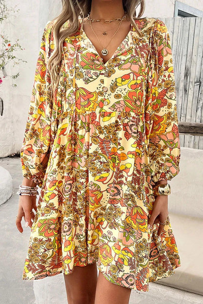 Retro Floral Balloon Sleeve Mini Dress with long sleeves and v neck - Eclectage