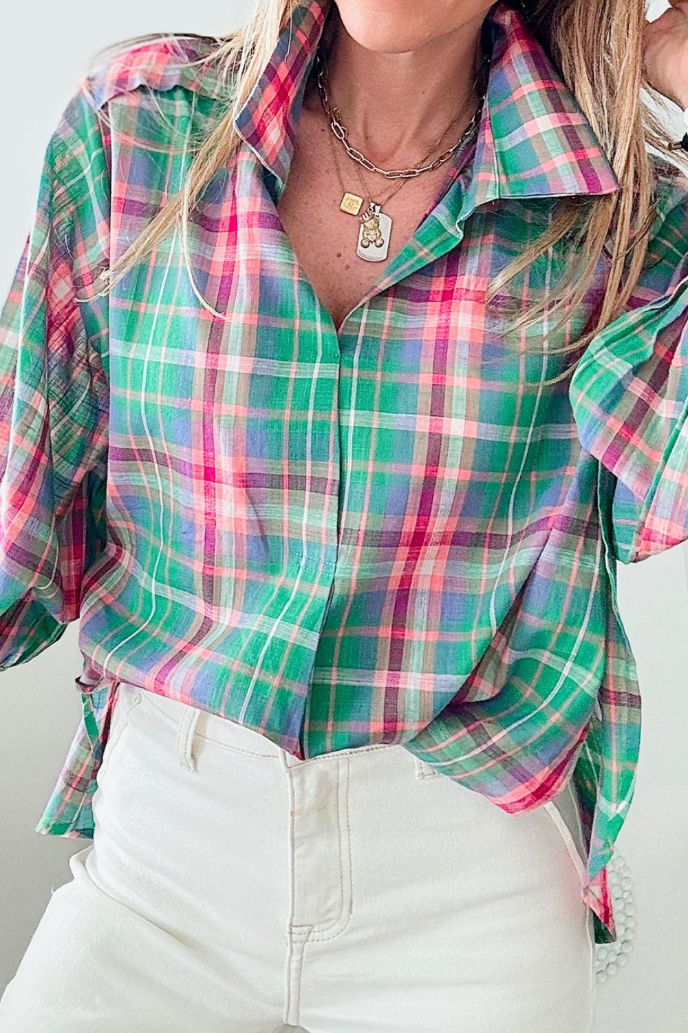 Plaid Collared Neck Three-Quarter Sleeve Shirt - Eclectage