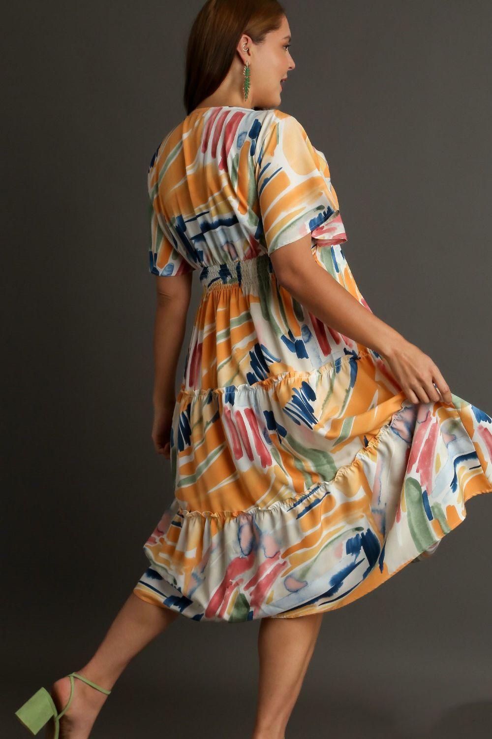 Abstract Print Frill Tiered Midi Dress - Eclectage