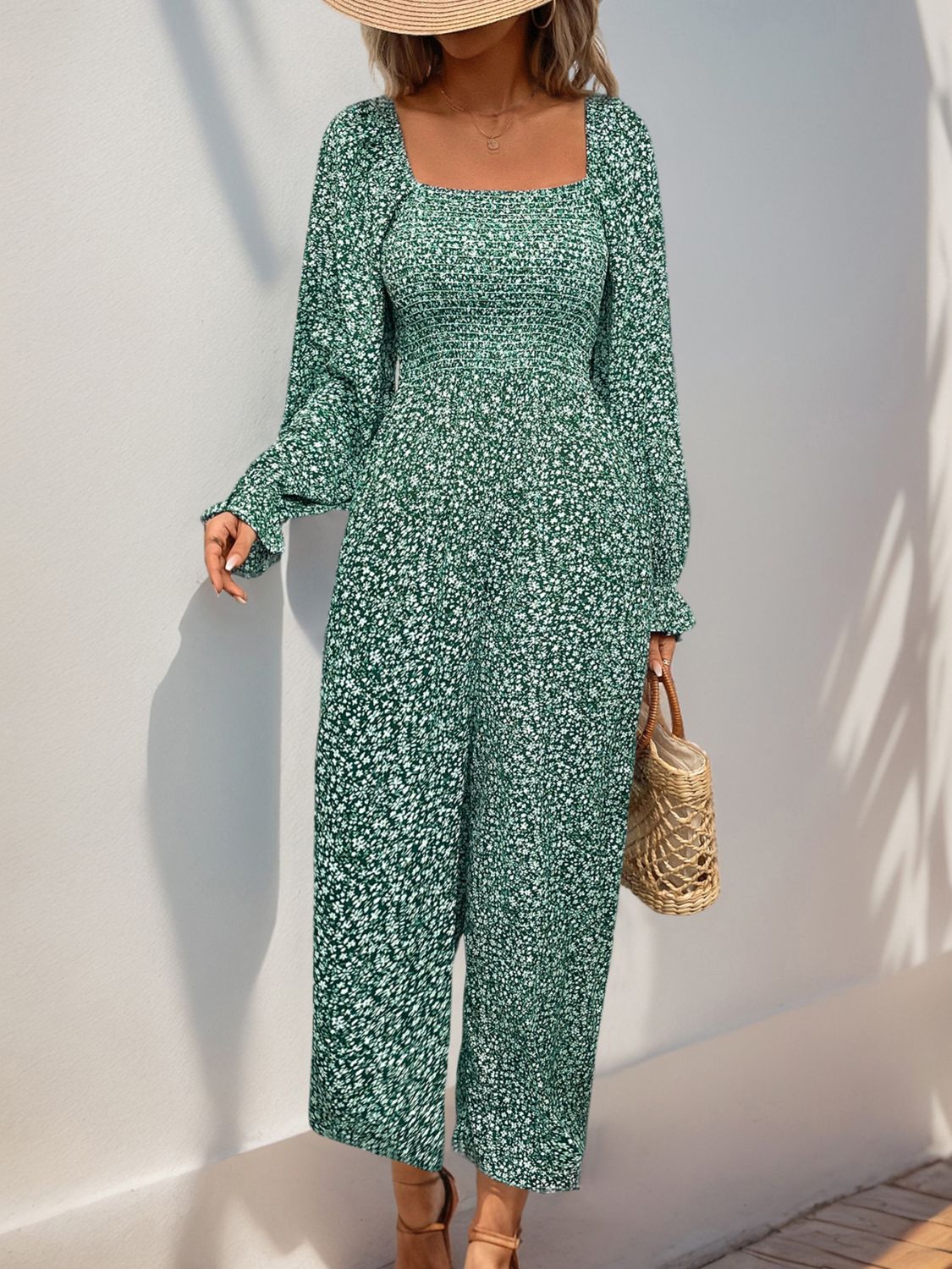 Smocked Printed Turquoise Jumpsuit