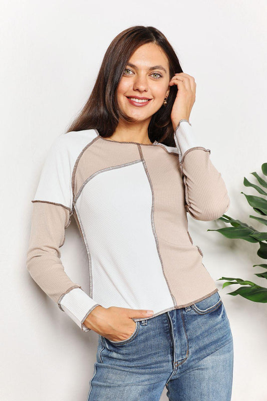 Long Sleeve Color Block Exposed Seam Top - Eclectage