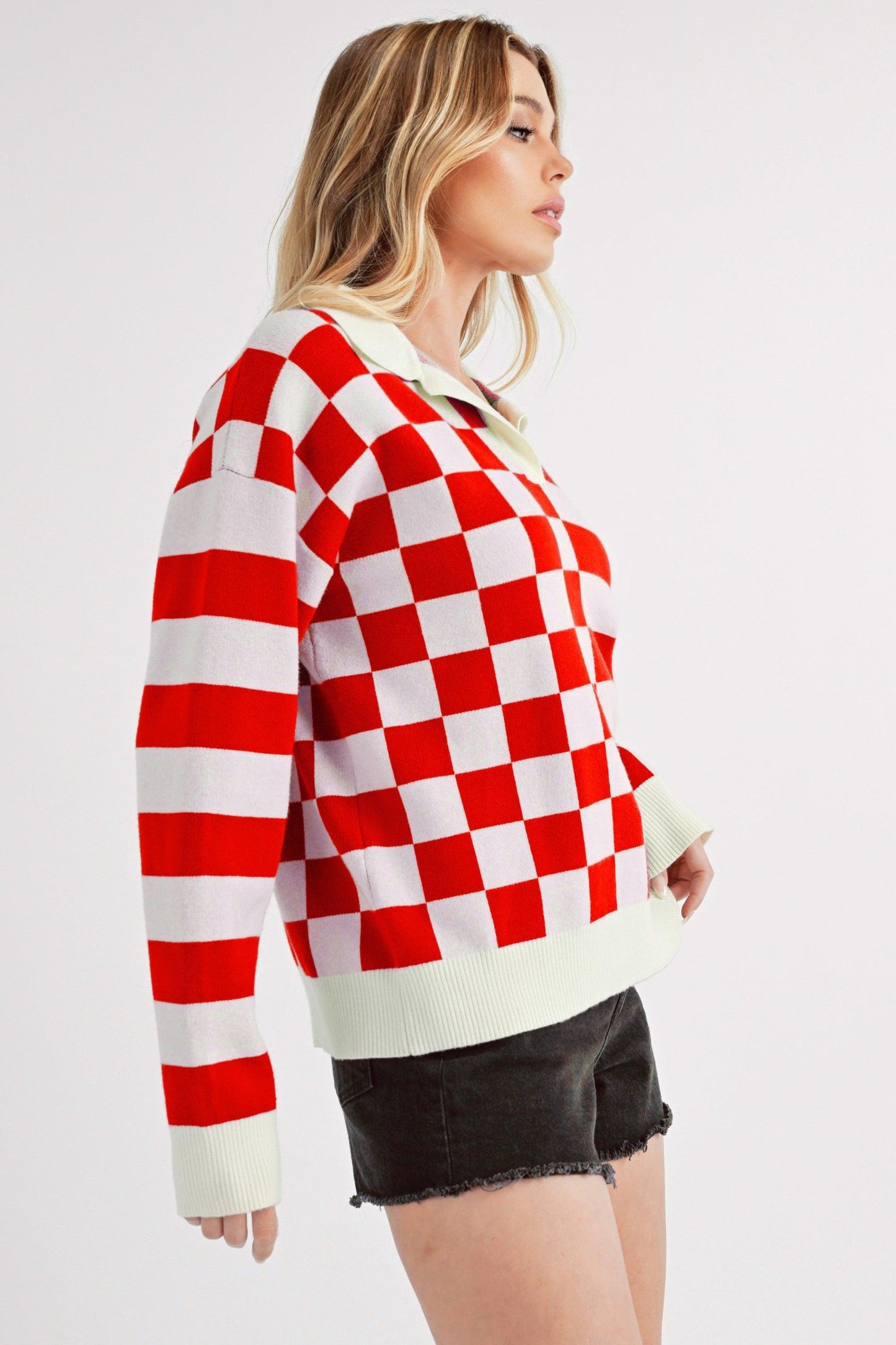 Striped & Checkered Drop Shoulder Sweater - Eclectage