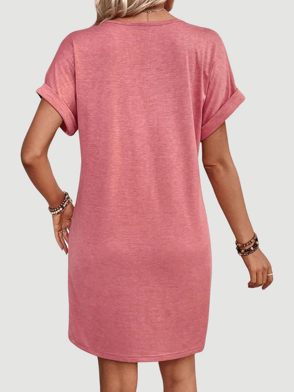 Quarter Button V-Neck Short Sleeve Dress - Eclectage