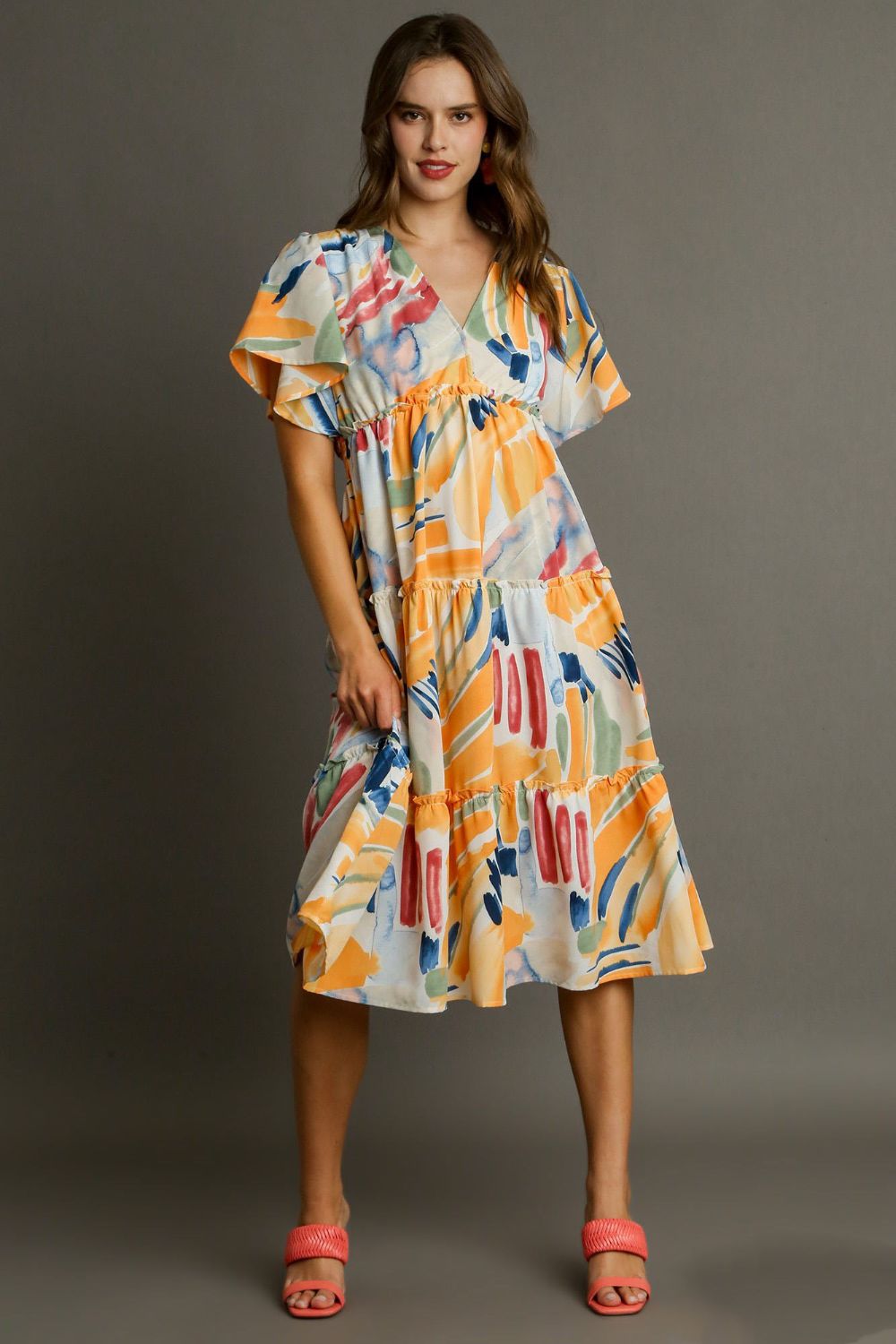 Abstract Print Frill Tiered Midi Dress - Eclectage