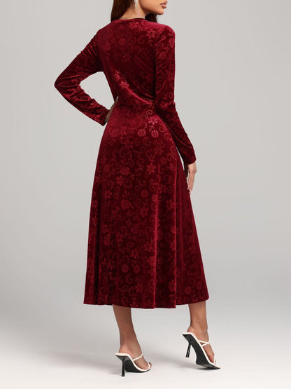 Burgundy Floral Velvet Long Sleeve Midi Dress - Eclectage