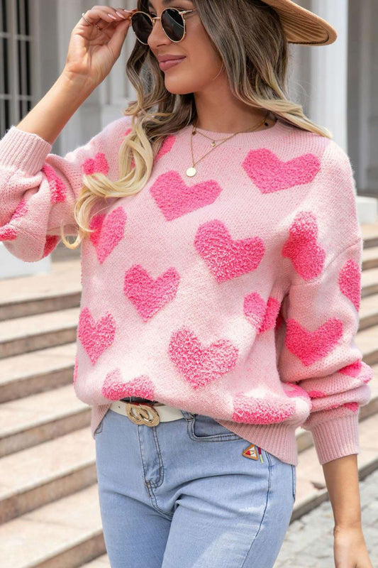 Valentine's Day Heart Jacquard Round Neck Sweater - Eclectage