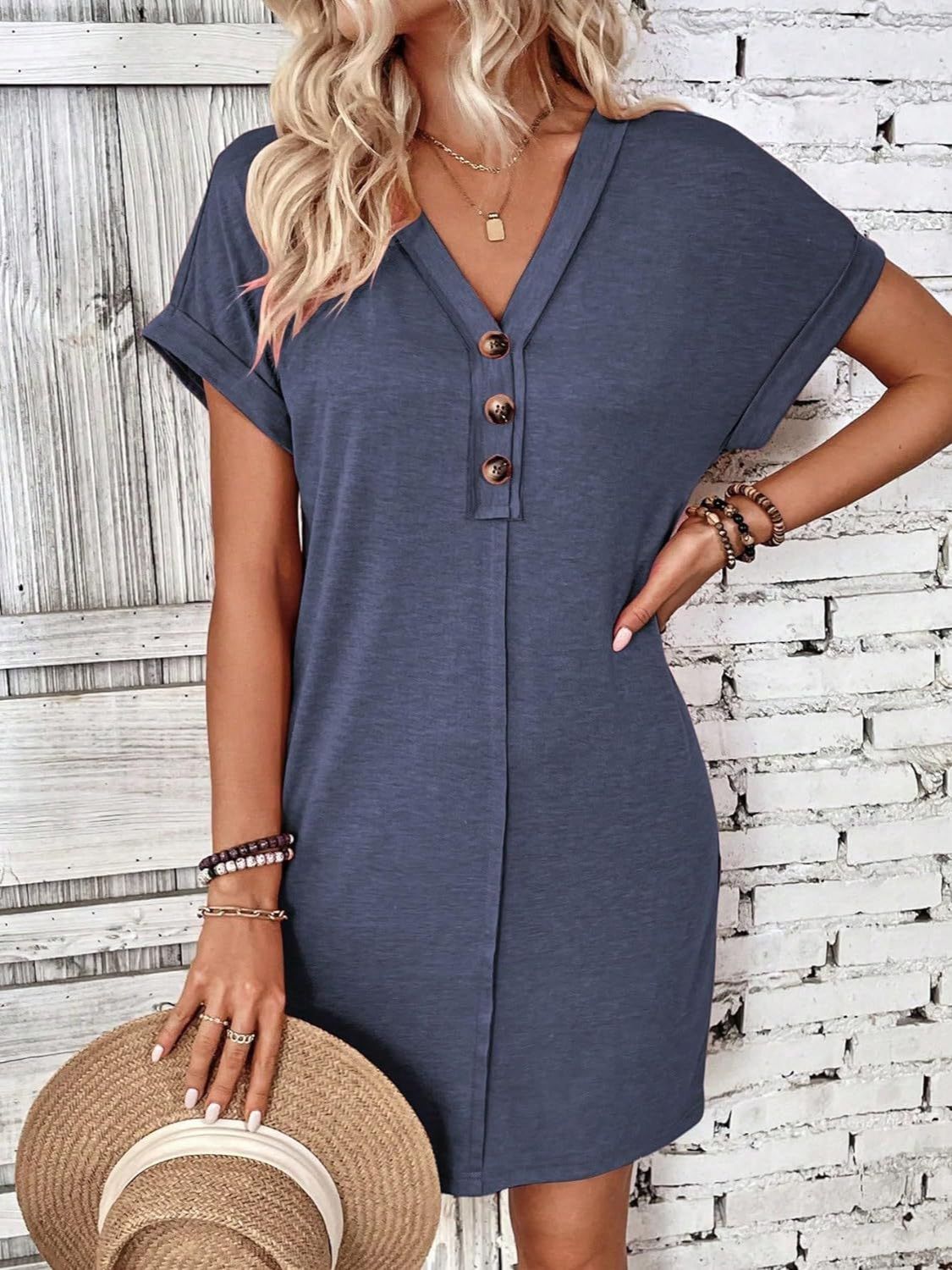 Quarter Button V-Neck Short Sleeve Dress - Eclectage