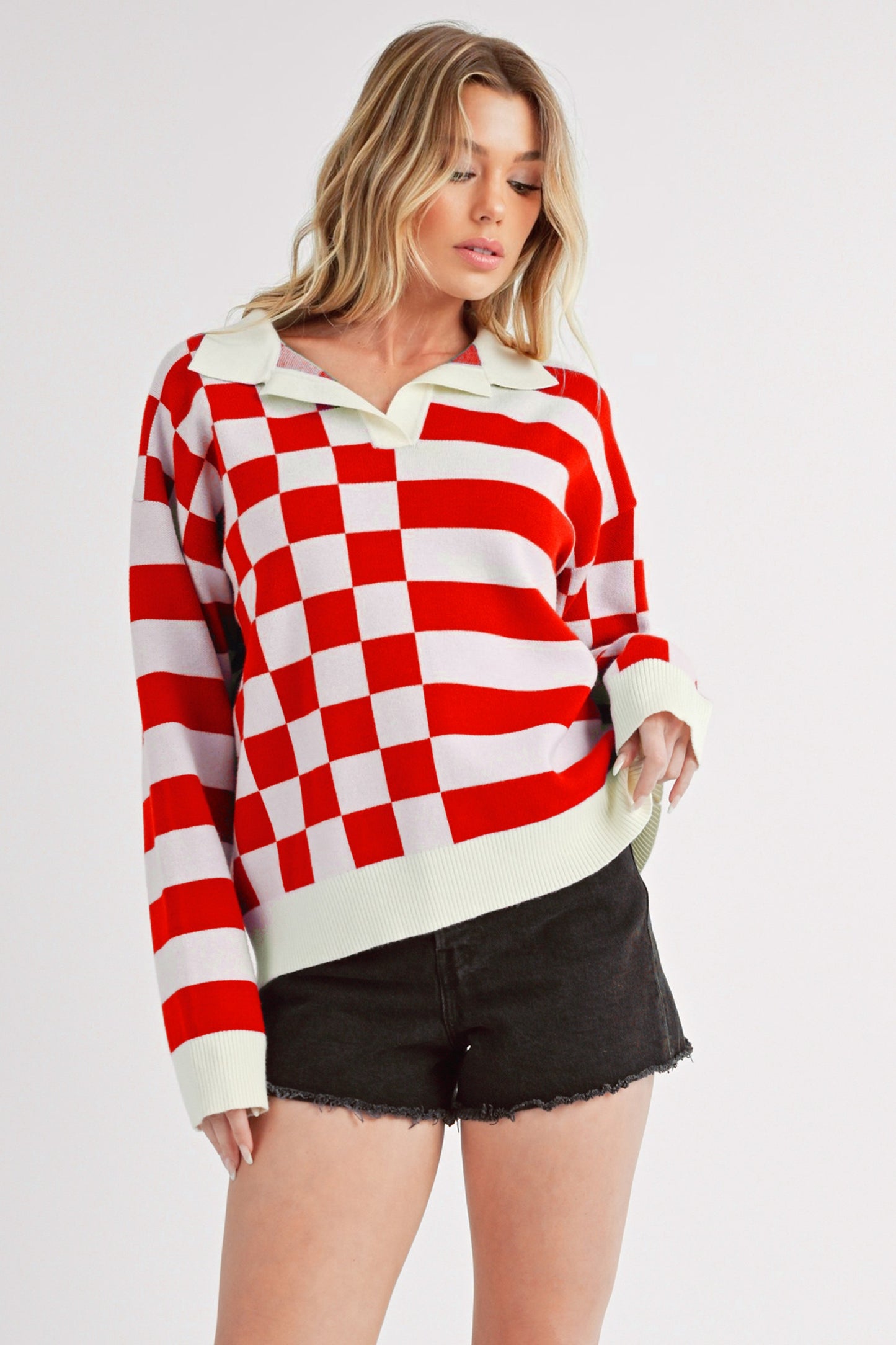 Striped & Checkered Drop Shoulder Sweater - Eclectage