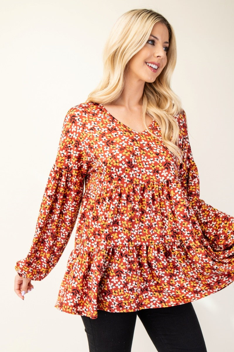 Rust Floral V-Neck Balloon Sleeve Blouse - Eclectage