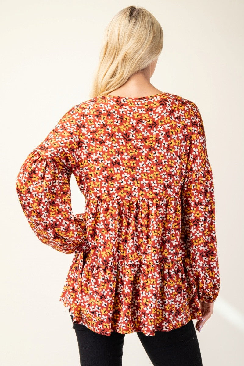 Rust Floral V-Neck Balloon Sleeve Blouse - Eclectage