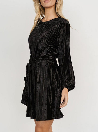 Velvet Tie Waist Long Sleeve Mini Dress