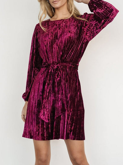 Velvet Tie Waist Long Sleeve Mini Dress