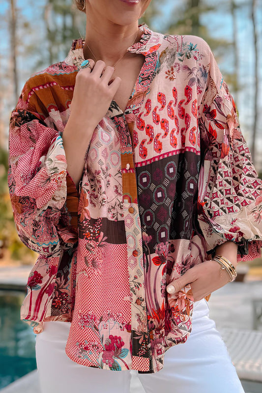 Patchwork Printed Notched Flounce Sleeve Shirt - Eclectage