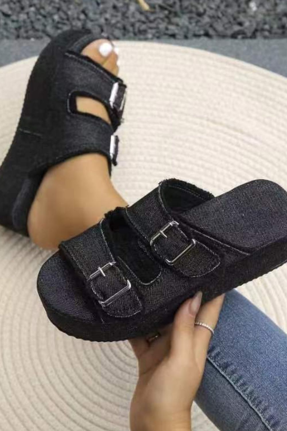 Raw Hem Wedge Buckle Sandals - Eclectage