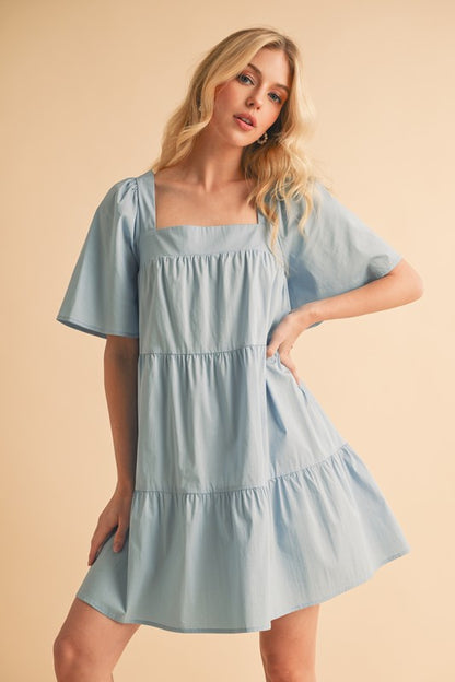 Light Blue Half Sleeve Tiered Dress - Eclectage