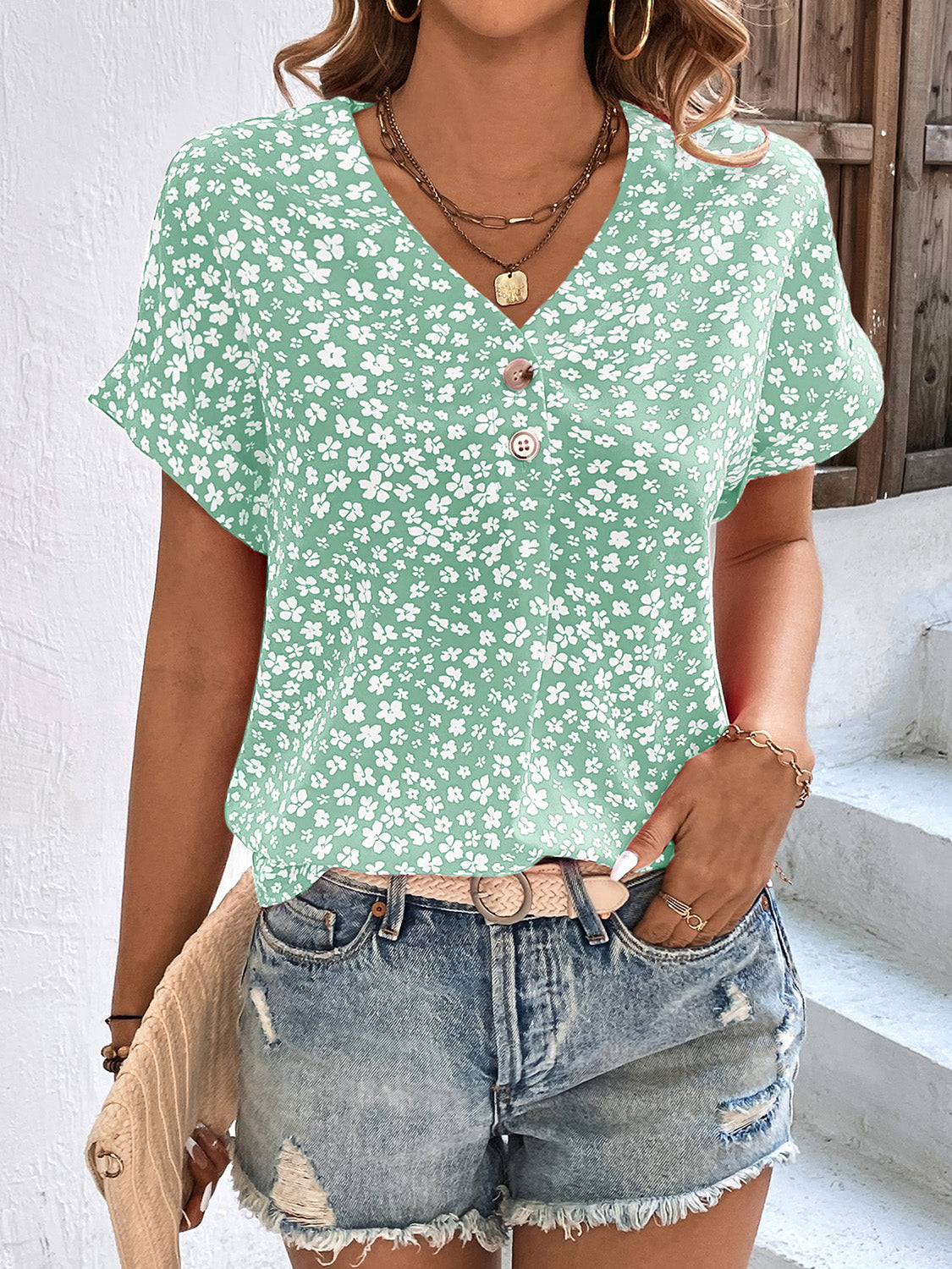 Floral V-Neck Short Sleeve Blouse - Eclectage