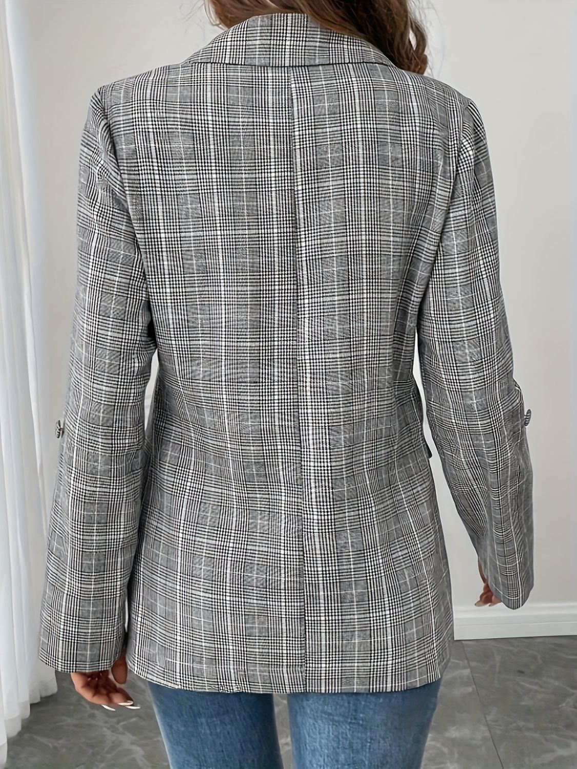 Single-Breasted Lapel Collar Plaid Blazer - Eclectage