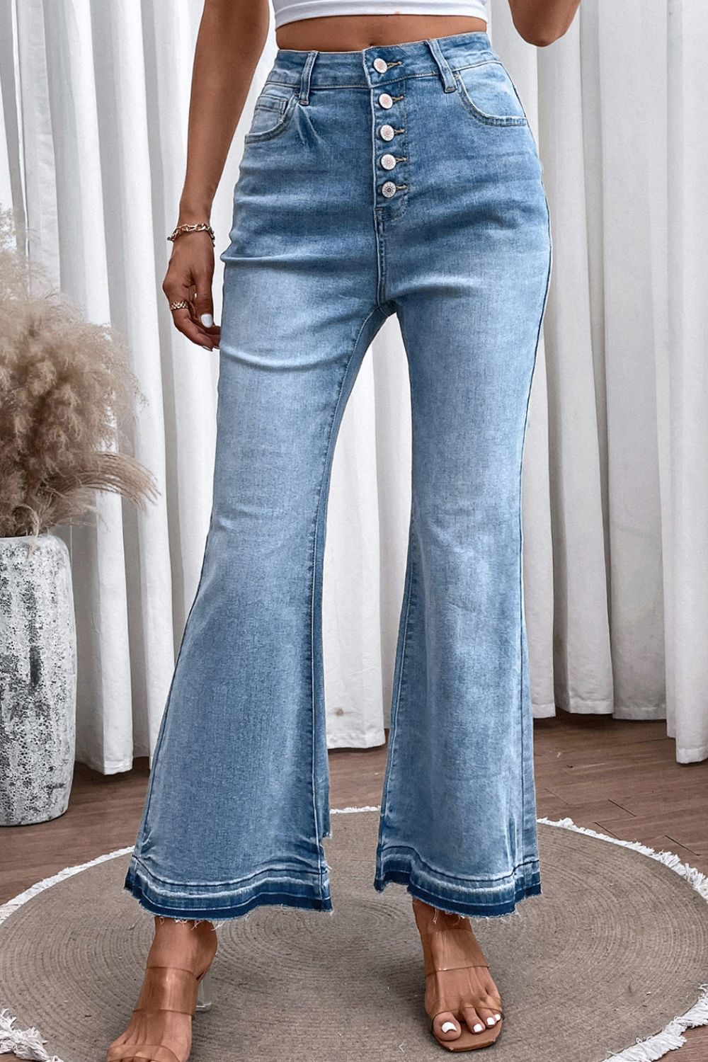 High Waist Button Fly Flared Jeans - Eclectage