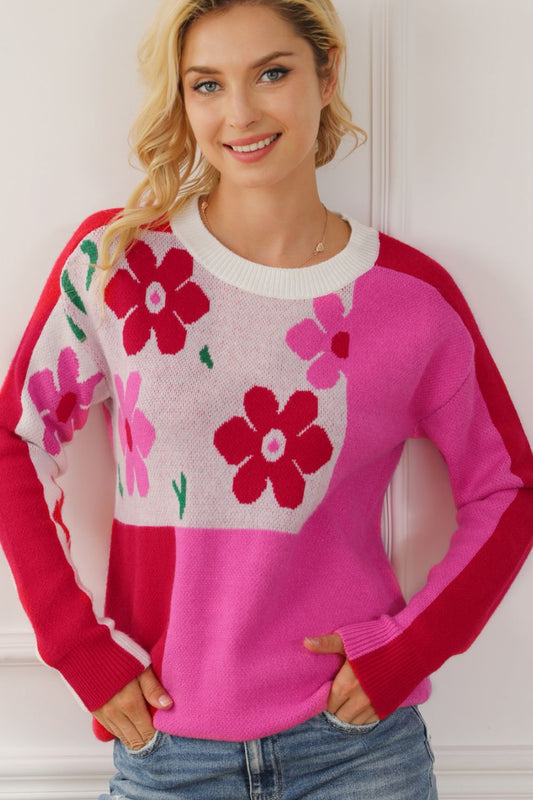 Flower Color Block Round Neck Sweater - Eclectage