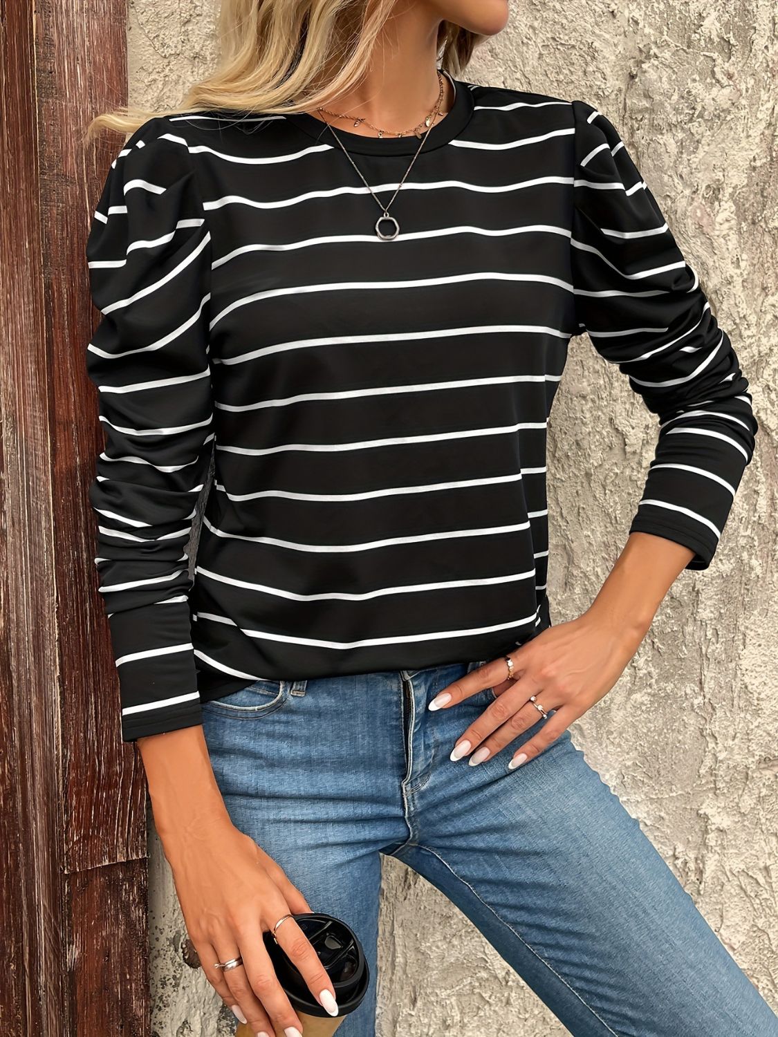 Full Size Striped Round Neck Puff Sleeve T-Shirt - Eclectage