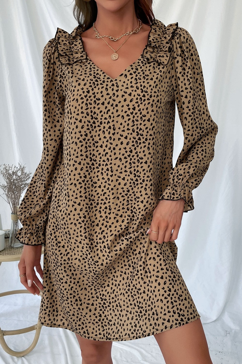 Khaki Leopard Frill Trim V-Neck Dress