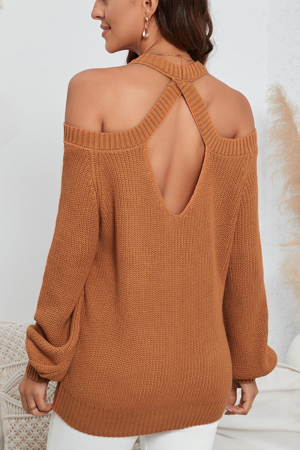 Cutout Back Cold Shoulder Long Sleeve Sweater - Eclectage