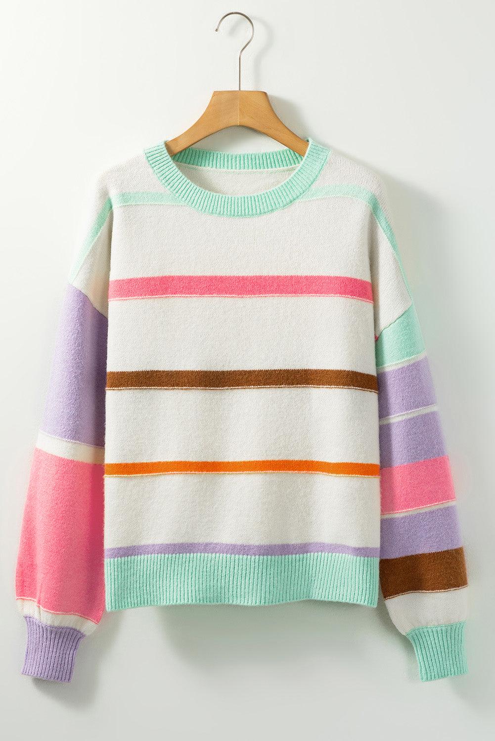 Contrast Striped Round Neck Drop Shoulder Sweater - Eclectage