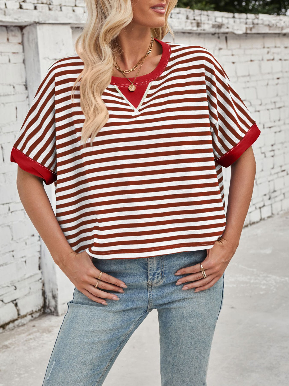 Lovelet Striped Round Neck Short Sleeve T-Shirt - Eclectage