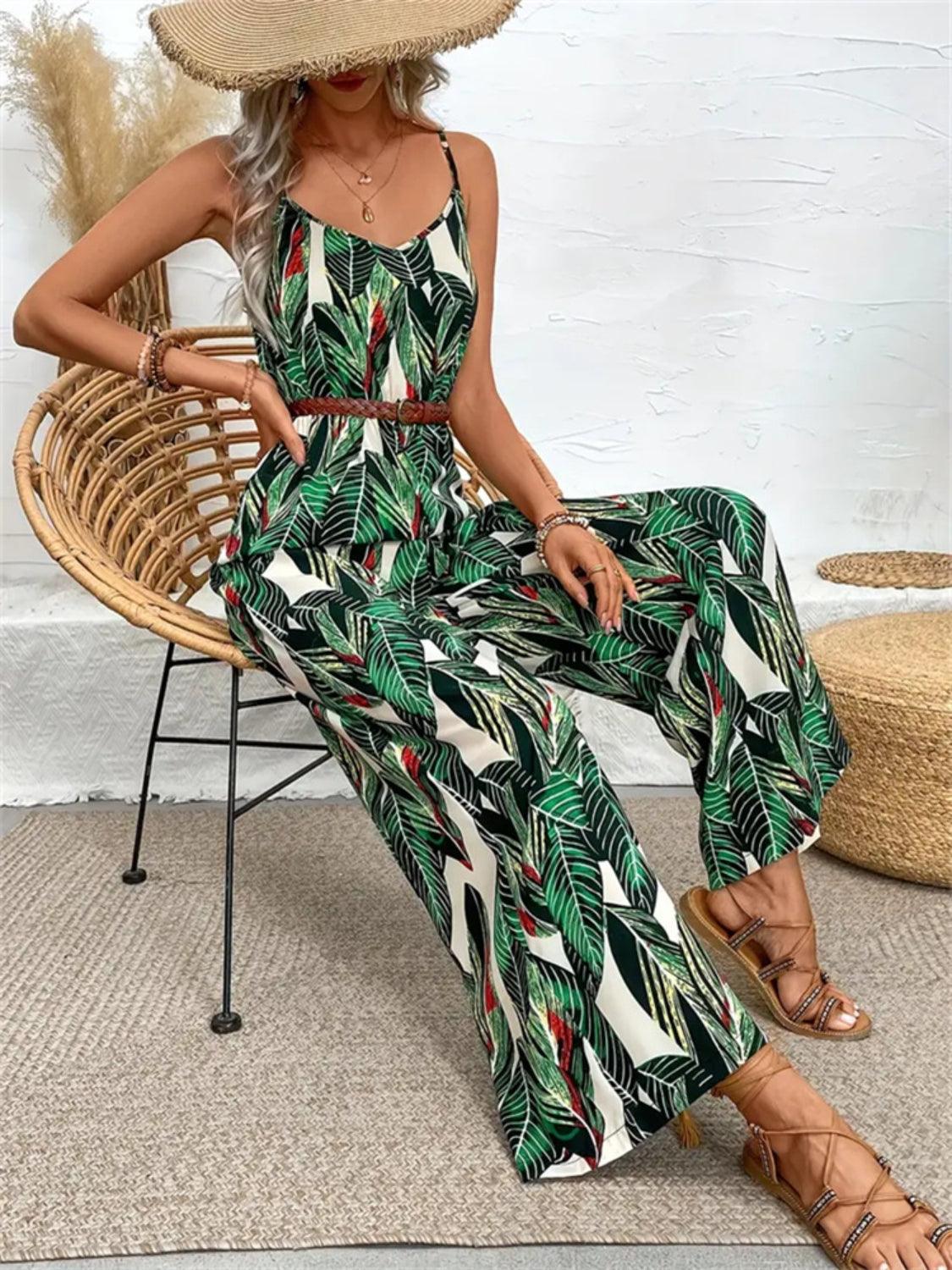 Tropical Print Spaghetti Strap Wide Leg Jumpsuit - Eclectage