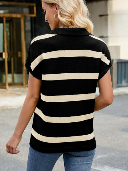 Striped Johnny Collar Cap Sleeve Sweater - Eclectage