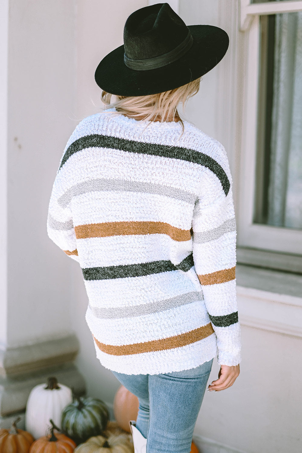 Striped Round Neck Dropped Shoulder Sweater - Eclectage