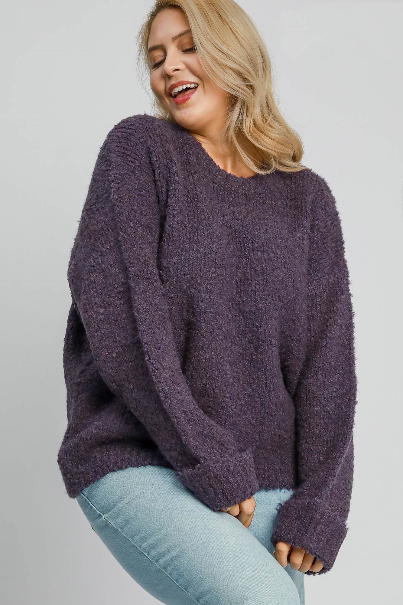 Umgee Full Size Round Neck Long Sleeve Boucle Sweater Plus Size - Eclectage