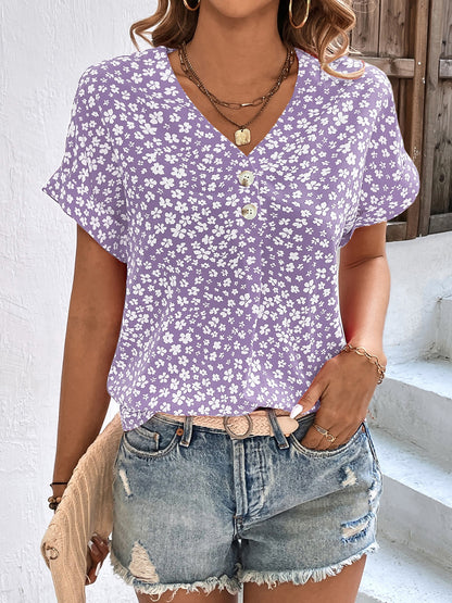 Floral V-Neck Short Sleeve Blouse - Eclectage