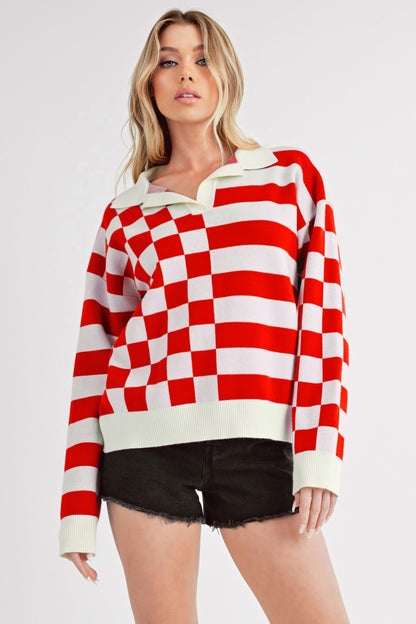 Striped & Checkered Drop Shoulder Sweater - Eclectage